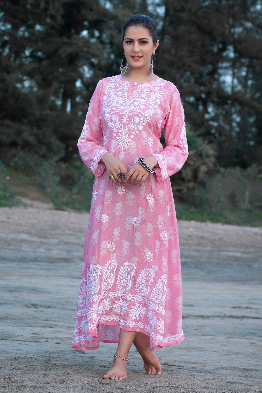 Ajiya Chikankari Muzlin Printed Long Dress