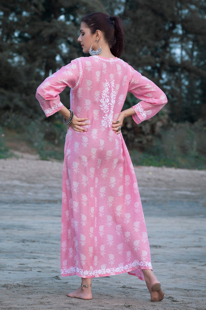 Ajiya Chikankari Muzlin Printed Long Dress