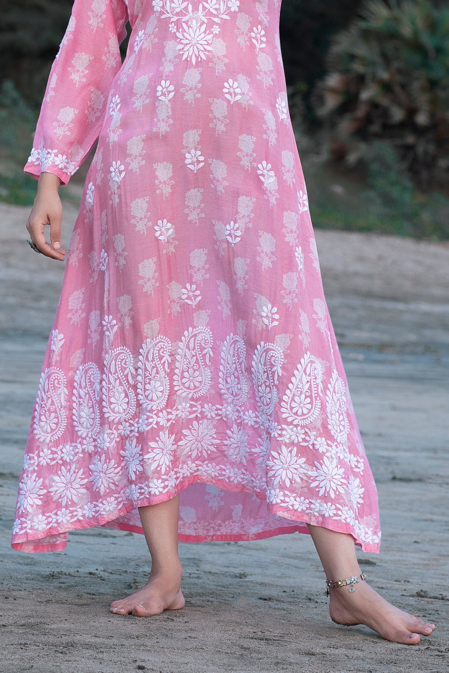 Ajiya Chikankari Muzlin Printed Long Dress