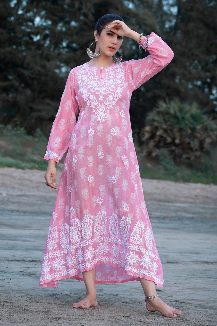 Ajiya Chikankari Muzlin Printed Long Dress