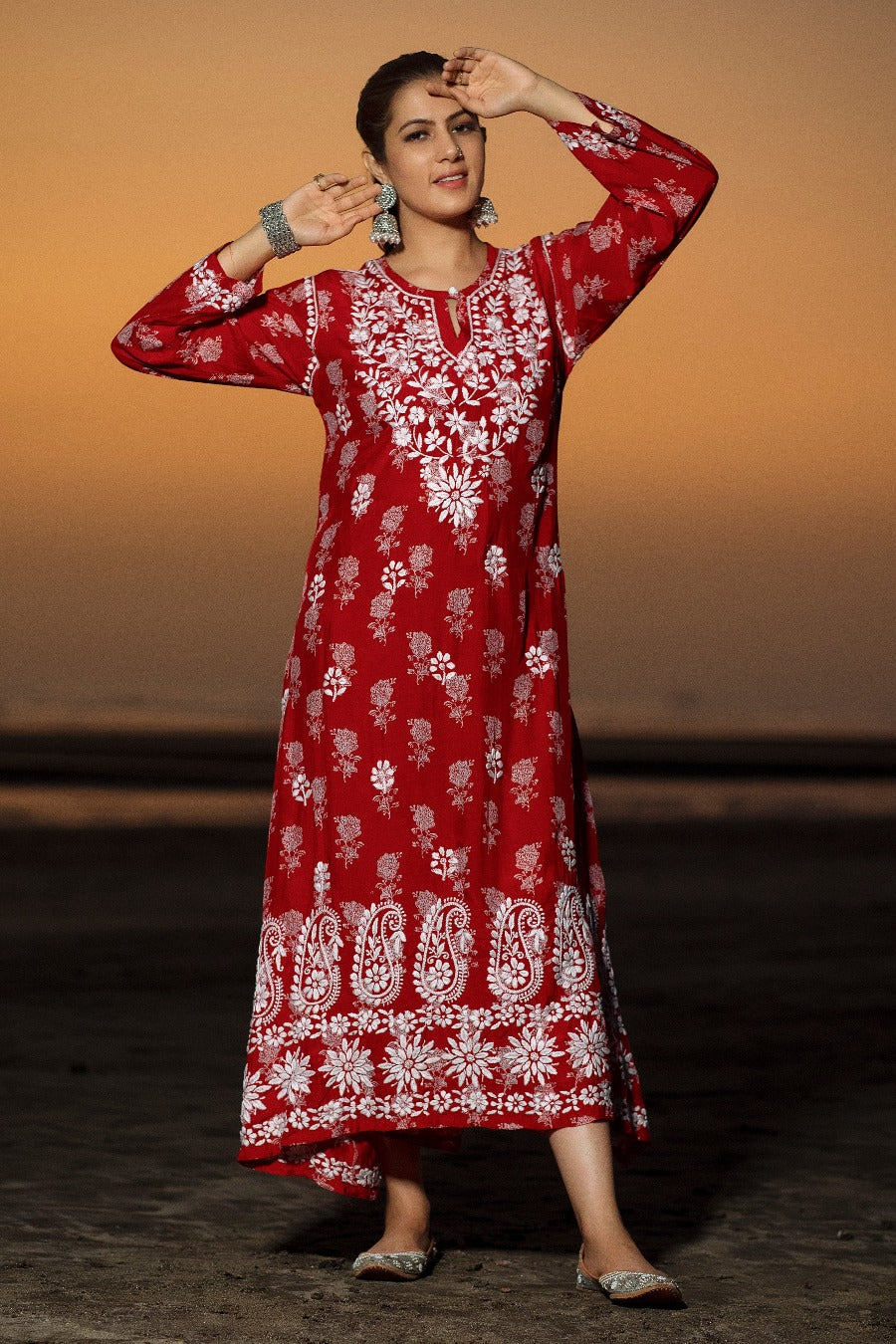 Ajiya Chikankari Muzlin Printed Long Dress