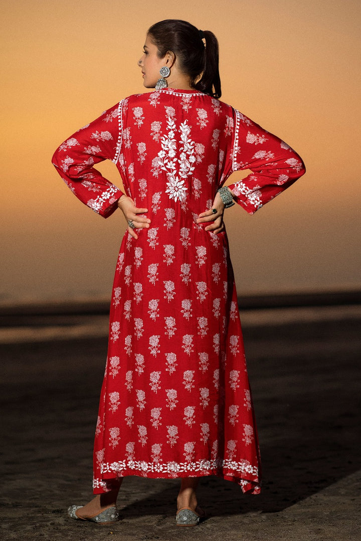 Ajiya Chikankari Muzlin Printed Long Dress