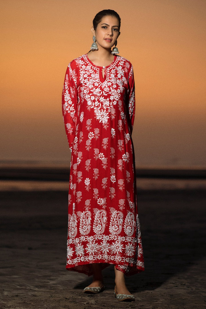 Ajiya Chikankari Muzlin Printed Long Dress