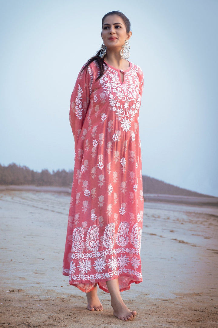 Ajiya Chikankari Muzlin Printed Long Dress