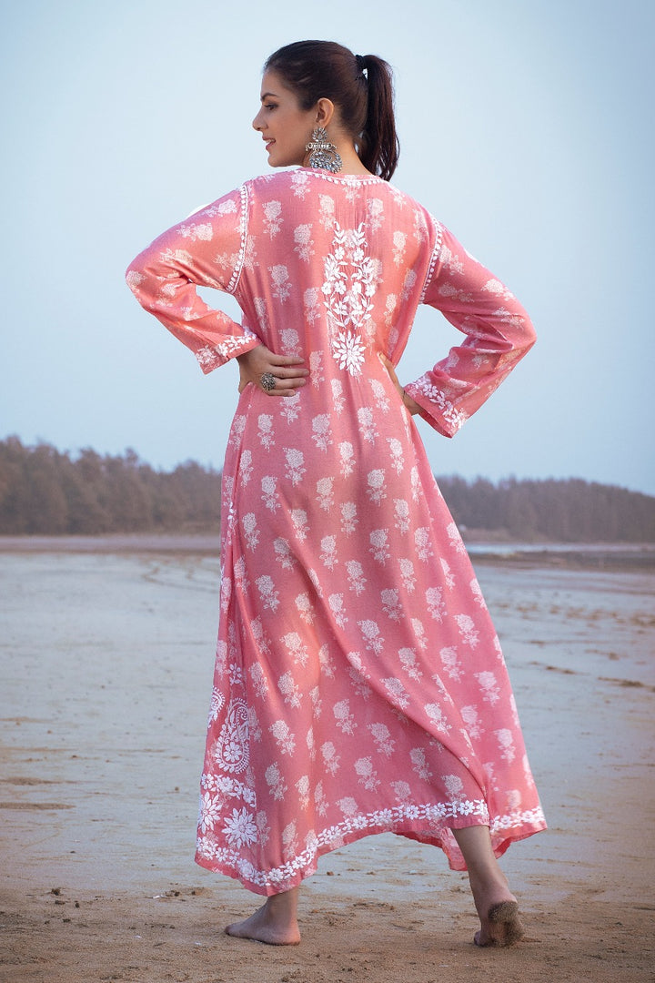 Ajiya Chikankari Muzlin Printed Long Dress