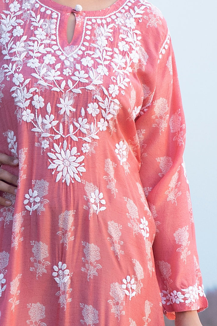 Ajiya Chikankari Muzlin Printed Long Dress