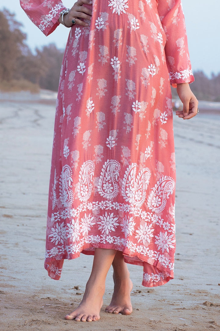 Ajiya Chikankari Muzlin Printed Long Dress