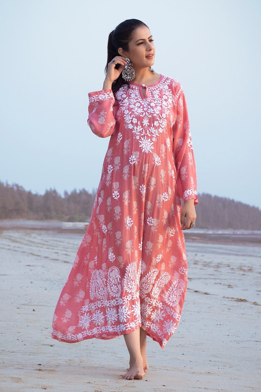 Ajiya Chikankari Muzlin Printed Long Dress