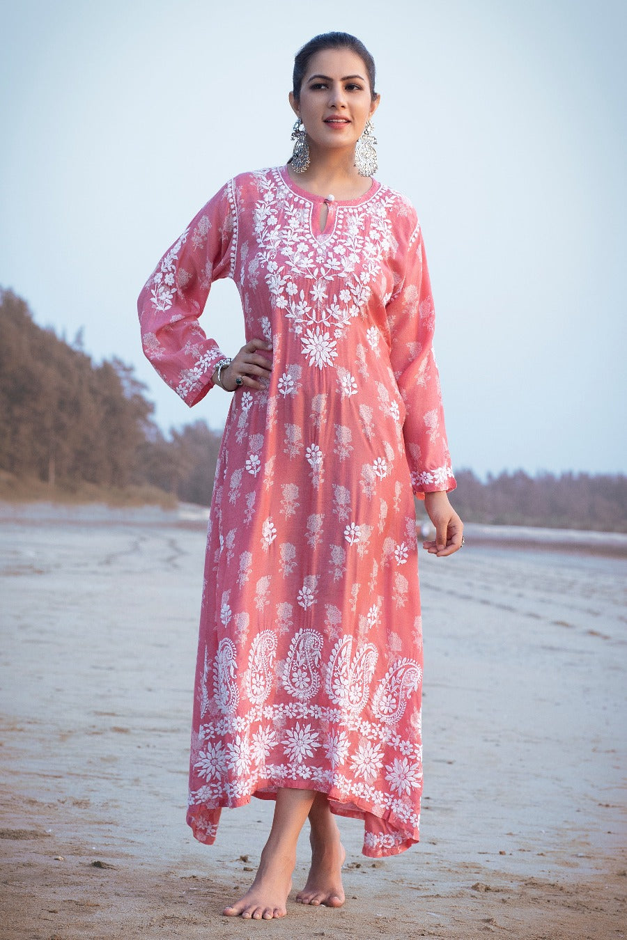 Ajiya Chikankari Muzlin Printed Long Dress