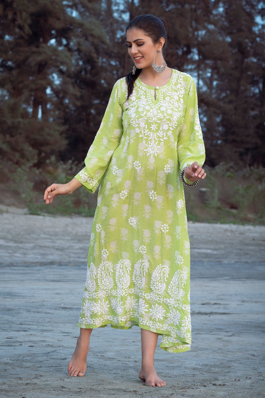 Ajiya Chikankari Muzlin Printed Long Dress