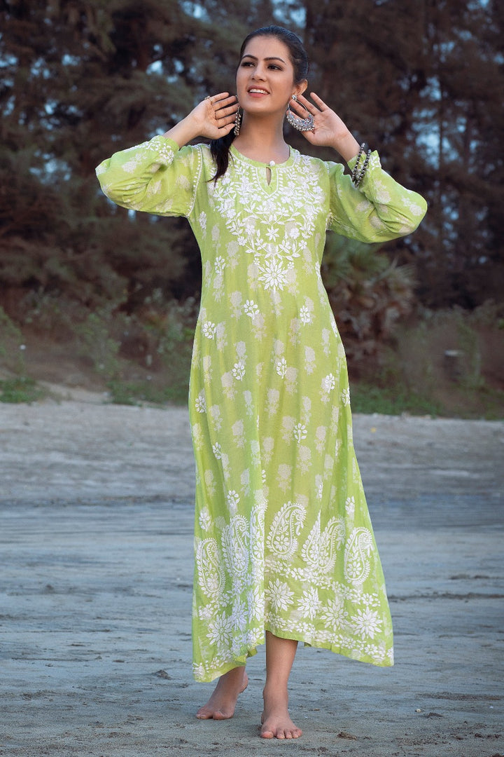 Ajiya Chikankari Muzlin Printed Long Dress