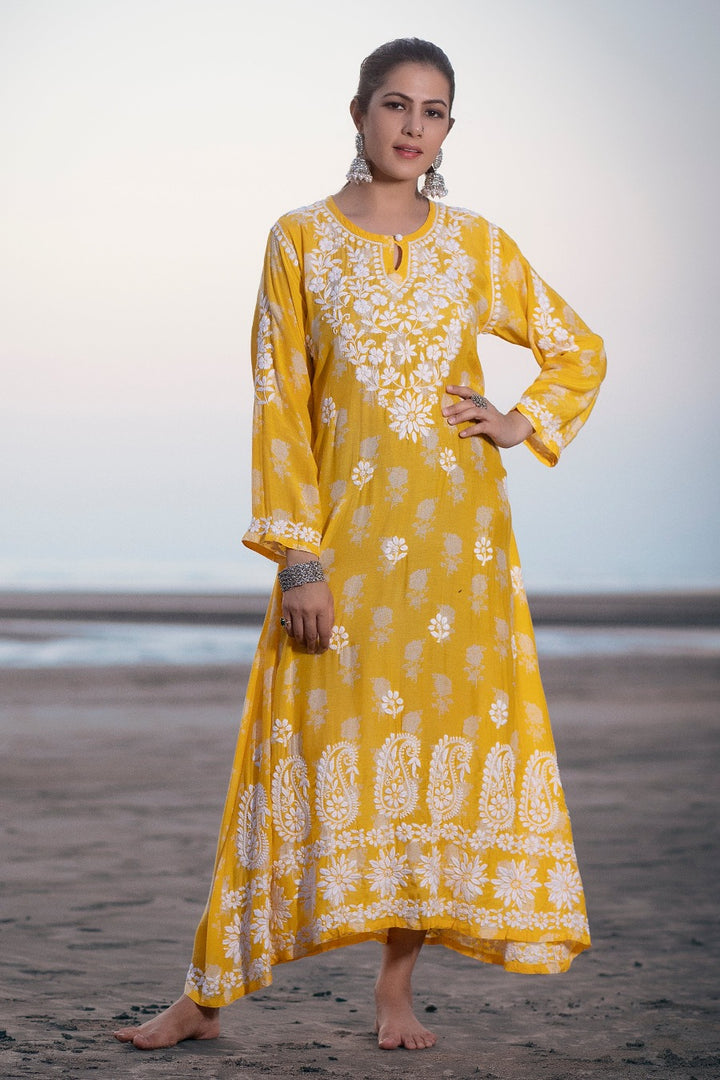 Ajiya Chikankari Muzlin Printed Long Dress