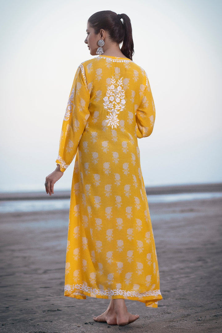 Ajiya Chikankari Muzlin Printed Long Dress