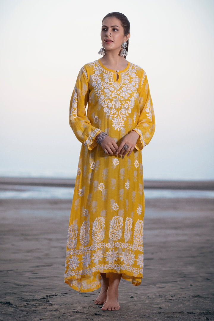 Ajiya Chikankari Muzlin Printed Long Dress